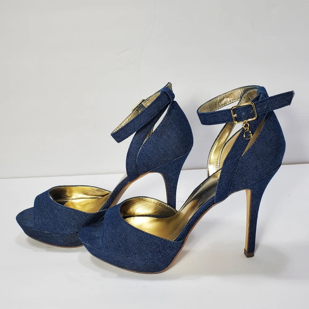 Guess Peep Toe Stilettos with Ankle Strap in Navy Size 9M